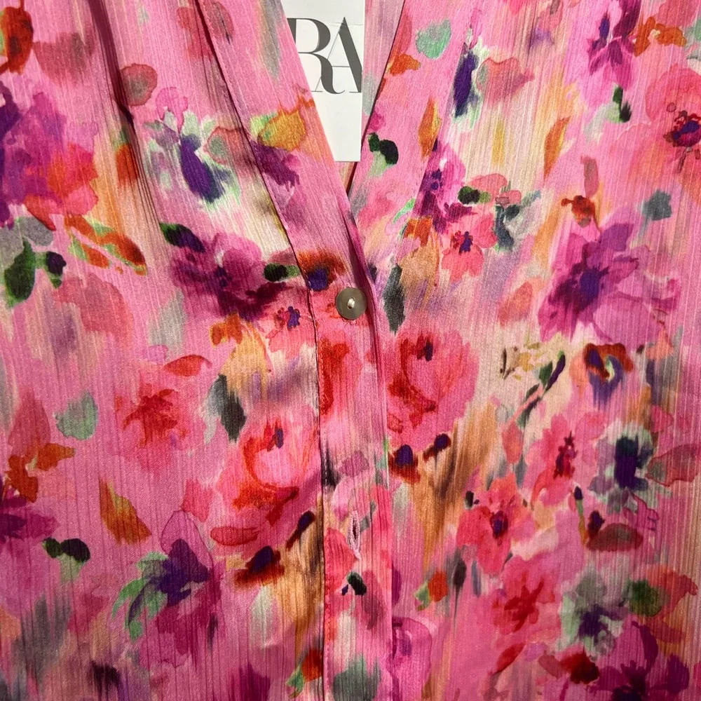 NWT ZARA pink floral print ruffled blouse size L - Picture 9 of 12